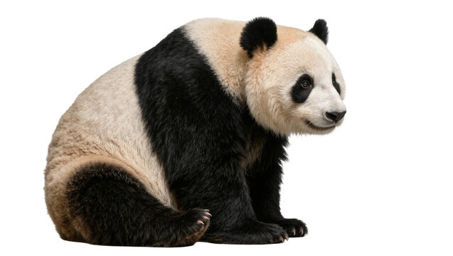 Giant panda bear sitting in profile with black and white fur
