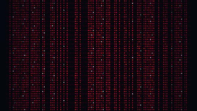Digital Red Matrix Rain Background with Upward Streaming Binary Code and Symbols for Cyber Security, Hacking, and Big Data Technology Animation