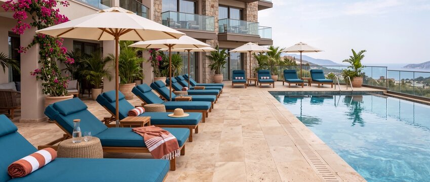 Hotel pool deck with sun loungers and umbrellas overlooking the coast. Swimming pool patio with blue deckchairs and parasols at a seaside resort