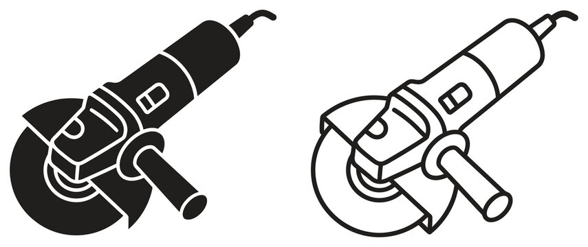 Angle grinder power tool icon set in black filled and outline styles.
