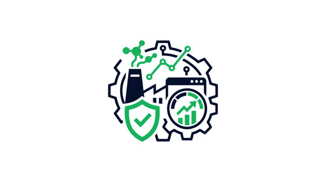 Green industry icon featuring factory gears and growth chart.