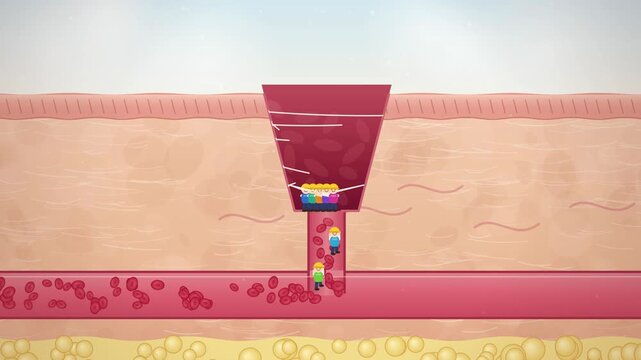 Wound healing explained for kids, cut finger skin repairs with tiny worker cells, cross-section animation