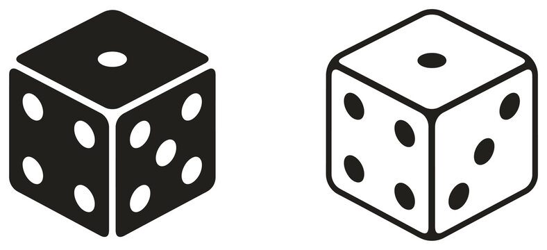 Dice game cube icon set in black silhouette and outline for casino gambling.