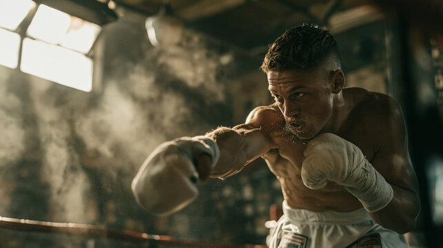 Boxer Throwing Powerful Punch During Intense Gym Training