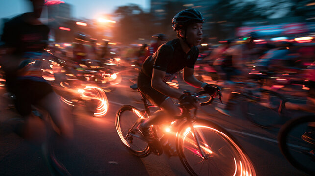 Cyclist Racing at Night in City Cycling Event