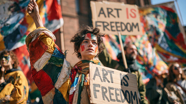 Young Woman Holding Art Is Freedom Protest Sign
