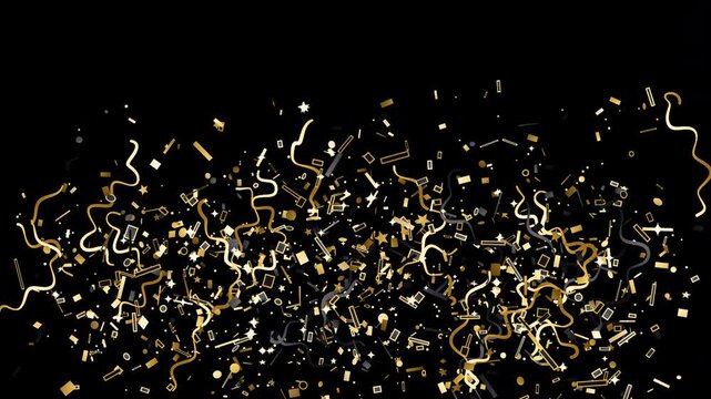 Black and gold confetti burst from both corners with foil streamers and glitter, alpha channel overlay animation
