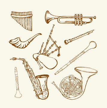 Vector drawing. Wind musical instruments
