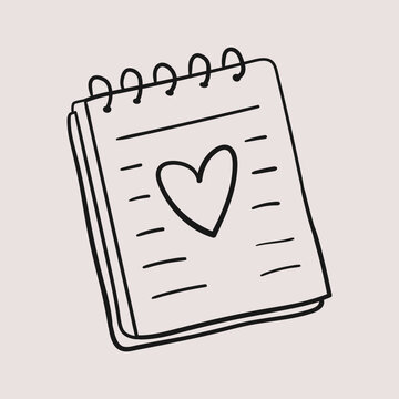 Hand drawn spiral notebook with heart doodle line art