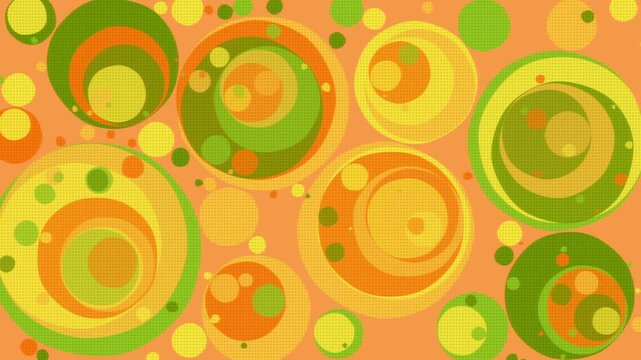 Retro optical circles rotate across a warm mustard landscape in a vintage 3D animation with 1970s hues, evoking cozy nostalgia for retro documentaries and reels