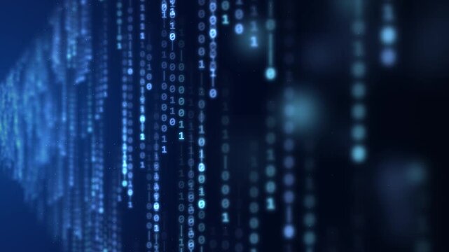 Digital rain of blue binary code streams cascading down, data flow abstract background, technology and cybersecurity concept