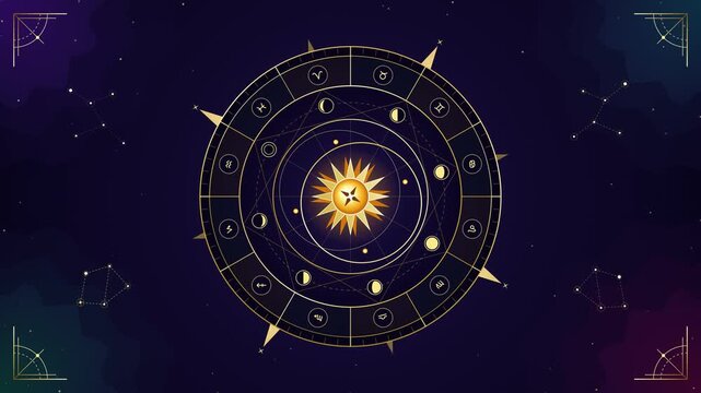 Celestial Zodiac Astrological Wheel Rotating with Sun and Moon Phases