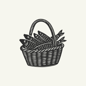 Linocut basket of fish, vintage block print illustration