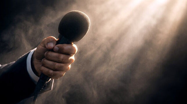International Day to End Impunity for Crimes against Journalists featuring a person holding a microphone in dramatic spotlight and smoke atmosphere