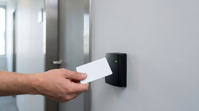 Hand holding white access card near electronic reader on office wall hallway