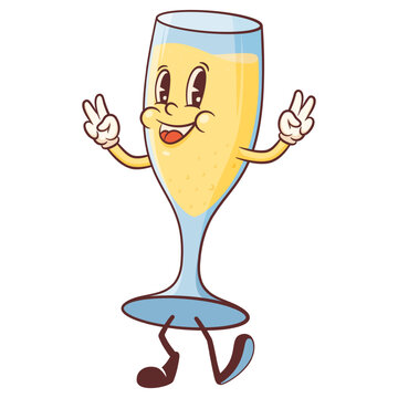 Christmas Cartoon Groovy Champagne Retro Character Illustration. Vintage Xmas Drink Sparkling Wine Glass Vector Mascot Template. Happy Vintage Cool Holiday Celebration Beverage Personage Isolated