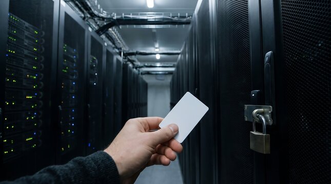Hand holding white access card unlocking server rack in modern data center room