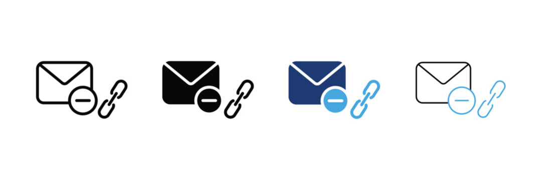 Unsubscribe icon set. Mail envelope with minus remove sign and broken hyperlink Icons. Outline, Glyph, two-tone and editable stroke vector illustration.