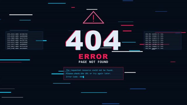 Error 404 page not found cyber glitch warning with red and cyan digital distortion, scanlines and terminal messages, cybersecurity hacking background
