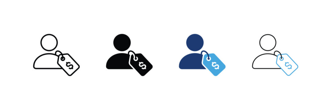 Customer acquisition cost icon set. User profile avatar with dollar currency price tag Icons. Outline, Glyph, two-tone and editable stroke vector illustration.