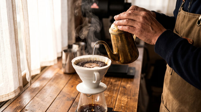 Barista hands pouring hot water from kettle into V60 dripper at morning coffee bar
