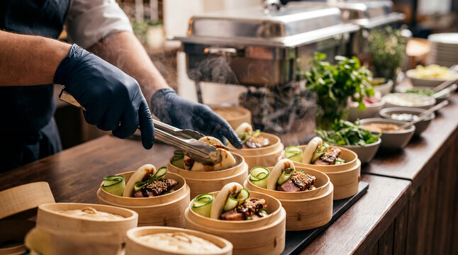 Chef hands arranging seared duck bao buns in bamboo steamer baskets at food station