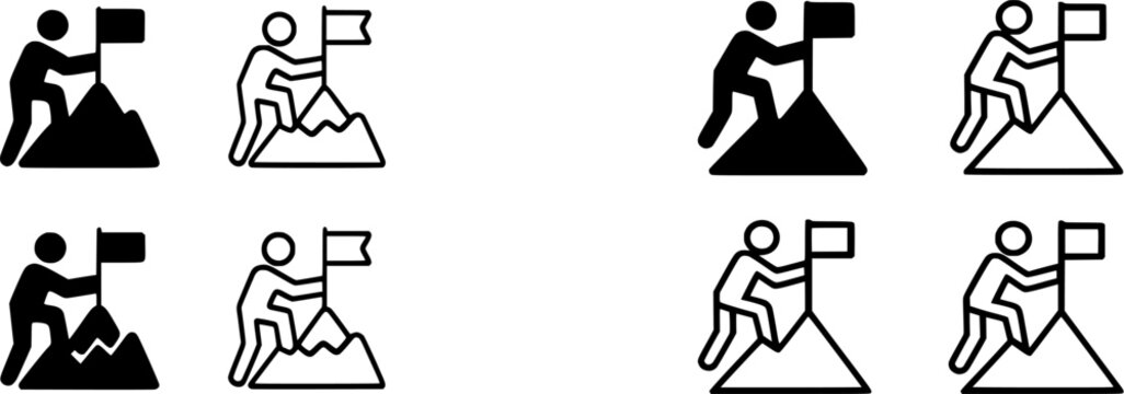 The image illustrates a series of four stick figures climbing mountains with flags, symbolizing the journey towards achieving financial success in the stock market