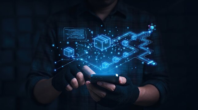 Hacker using a smartphone to manipulate a blockchain network diagram with floating cubes, illustrating cryptocurrency mining, cybercrime