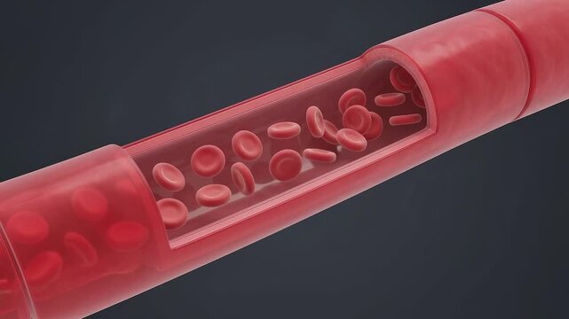 円盤形の赤血球が血管の内腔を進む血流の概念CG
、血液の流れ、生物の説明、医療関連の導入、微視的な世界のイメージ