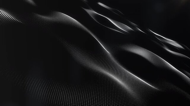 Black and white dotted grid forms an abstract digital wave landscape. Monochrome motion background with layered curves, seamless 4K loop at 60 fps.