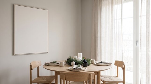 Round oak dining table set for Christmas dinner with pine centerpiece and blank wall frame