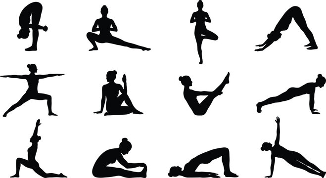 Yoga Pose Silhouette Set Featuring Warrior Pose, Tree Pose, Downward Facing Dog, Plank, Side Plank, Seated Stretch, Bridge and Advanced Flexibility Exercises for Fitness Vector Illustration