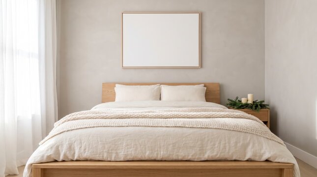 Serene bedroom with oak bed, linen bedding and festive nightstand garland under blank frame