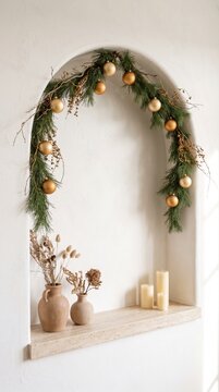 Arched plaster niche with gold Christmas garland, dried flowers, clay vases and candles