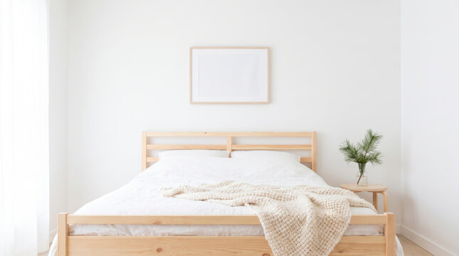 Minimalist Nordic bedroom with pine bed, knit throw and pine sprig under blank frame at Christmas