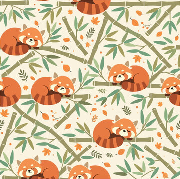 Cute red panda seamless pattern vector illustration with bamboo leaves and autumn leaves on cream background