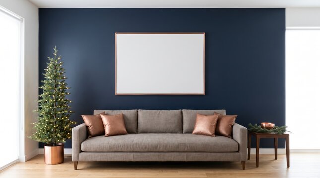 Grey sofa with copper cushions under blank frame on navy wall beside lit Christmas tree