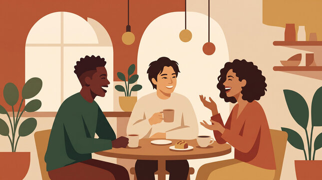 Flat vector illustration of diverse friends drinking coffee and talking happily in modern cafe