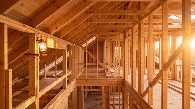 New Home Construction Site featuring timber framing with golden sunlight streaming through rafters, ideal for real estate development and home building industry marketing.