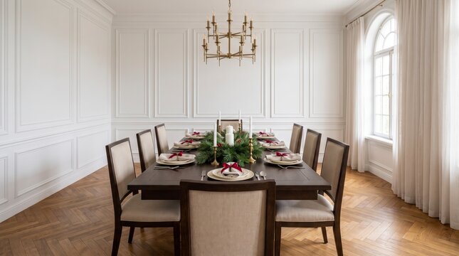 Classic dining room with wall paneling, set Christmas table, brass chandelier and herringbone floor