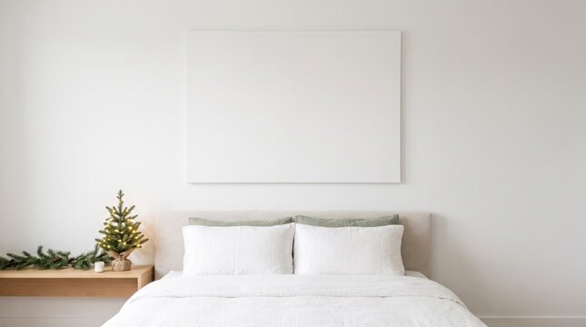 Minimal bedroom with white linen bed, sage pillows, mini Christmas tree and blank canvas wall