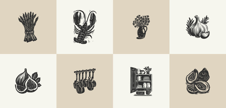 Set of 8 linocut kitchen illustrations with lobster and oysters
