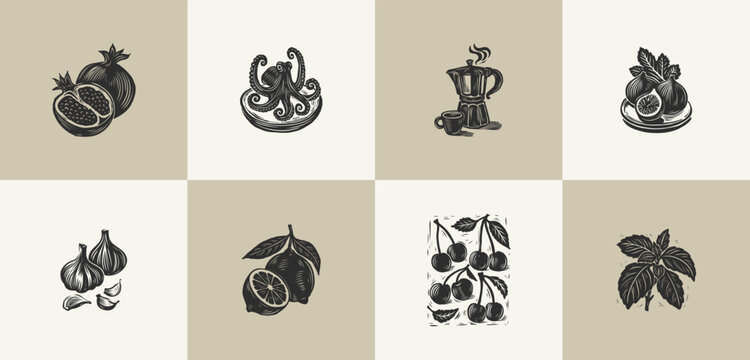 Set of 8 linocut kitchen illustrations with octopus and moka pot