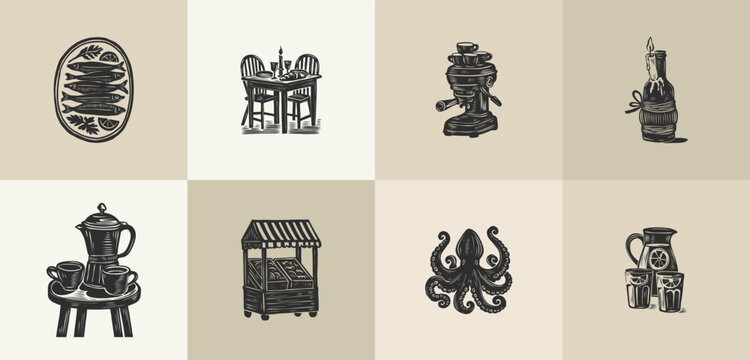 Set of 8 linocut kitchen illustrations with sardines and octopus
