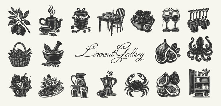 Linocut kitchen illustration collection with octopus and crab