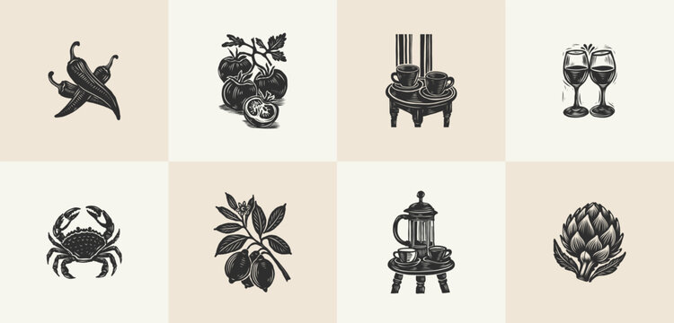 Set of 8 linocut kitchen illustrations with crab and artichoke