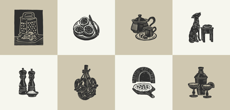 Set of 8 linocut kitchen illustrations with pizza oven and dog