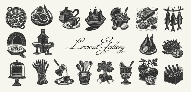 Linocut kitchen illustration collection with paella and pizza