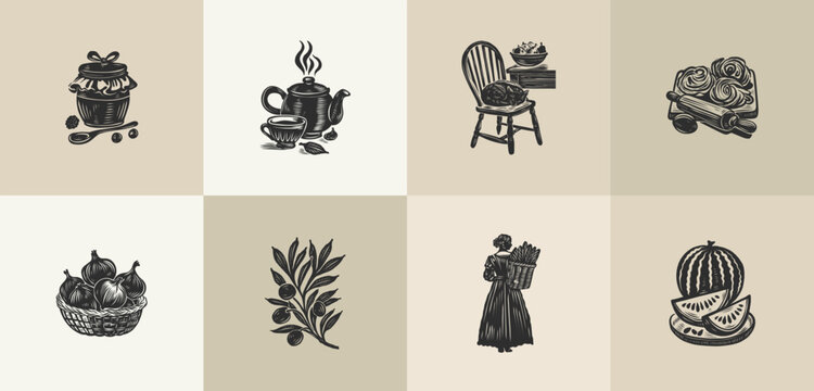 Set of 8 linocut kitchen illustrations with teapot and cat