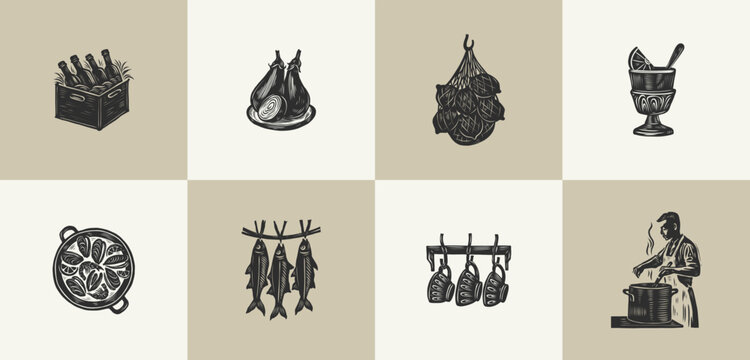 Set of 8 linocut kitchen illustrations with paella and chef